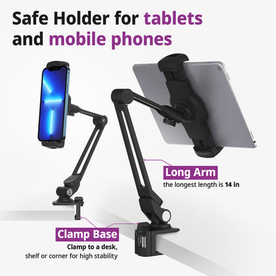 iRing Smart Mount - Tablet Mount & Cell Phone Holder Stand (Long Arm/Clamp Base)