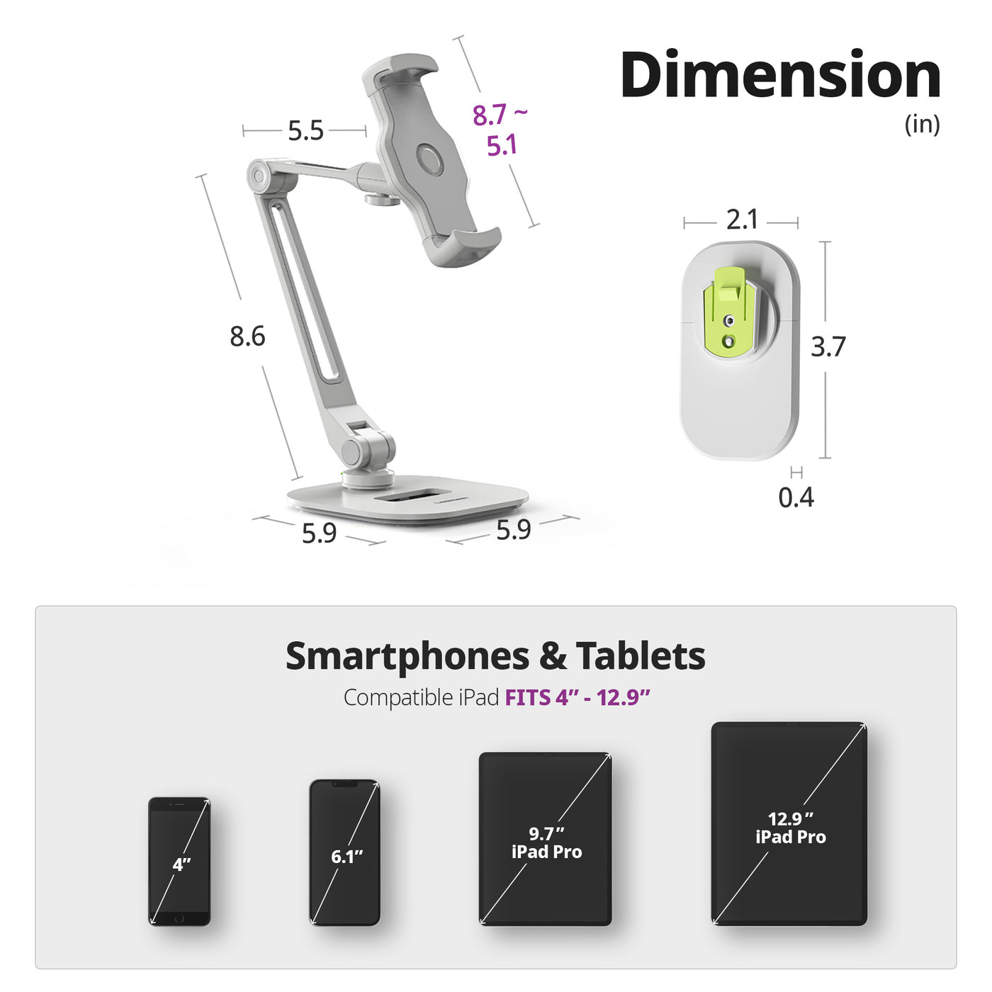 Easy Mount - Detachable Tablet & Cell Phone Holder (Long Arm / Stand Base + Wall Base)